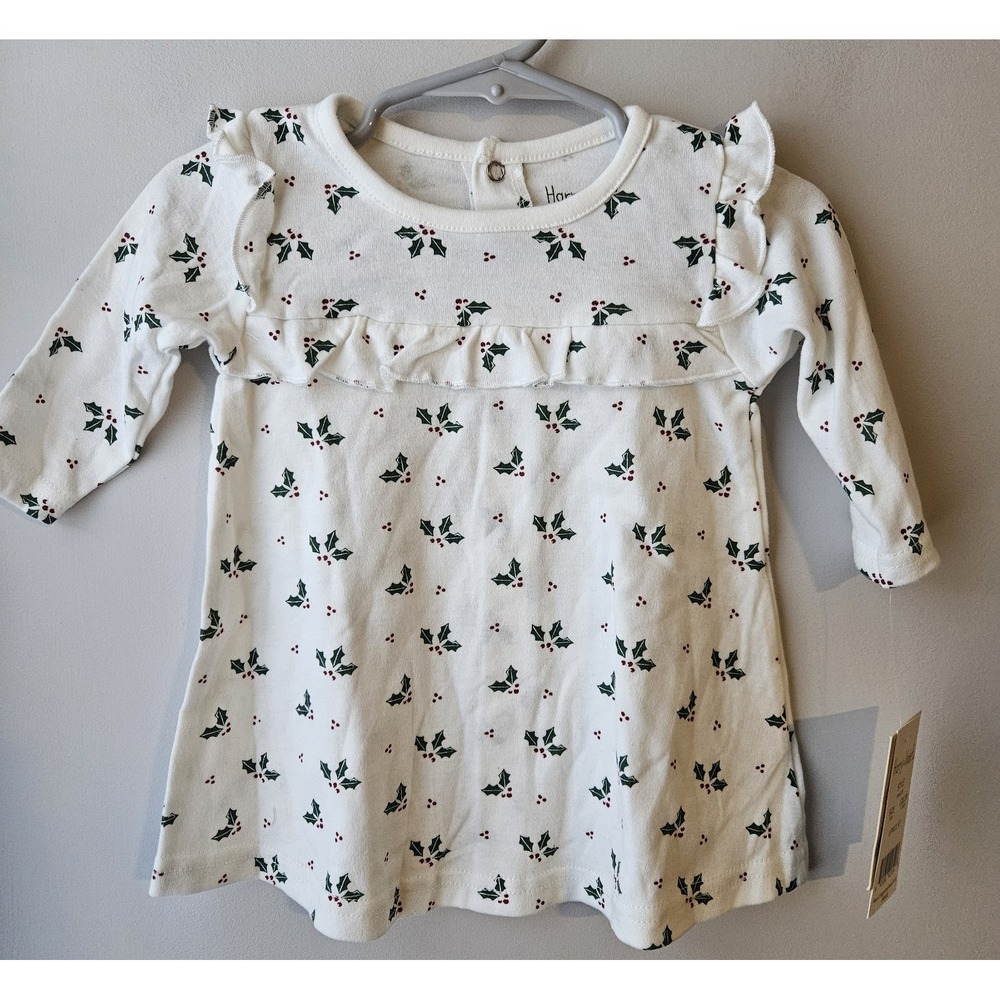 Harry & Violet Baby Girl Holiday Dress‎ 3-6M White with Holly Print Long Sleeve